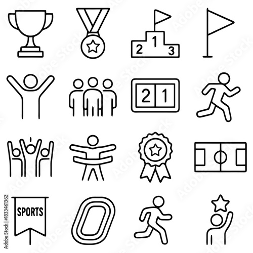 Sports Icon Set: A comprehensive collection of iconic symbols representing the spirit of sports, depicting various elements such as trophies, medals, flags, and running figures.
