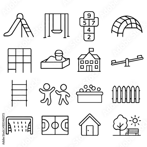 Playground Icon Set: An extensive collection of playful vector icons, encompassing all the essential elements of an outdoor playground, from slides and swings to climbing frames and games.