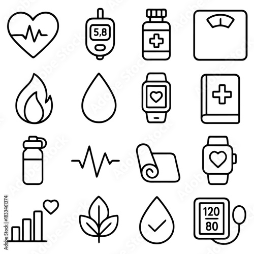 Wellness Icons: A collection of concise icons illustrating the essential components of holistic well-being. Focusing on health, balance, and the integration of physical and mental well-being.