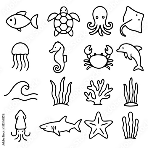 Ocean Wonders: A collection of simple, black-and-white line drawings showcasing a variety of marine life and ocean elements, creating a minimalist yet engaging underwater scene.