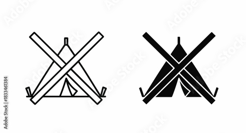 Two icons depicting a stylized tent with crossed logs, one in outline and one filled, often used to signify no camping or no open fires.
