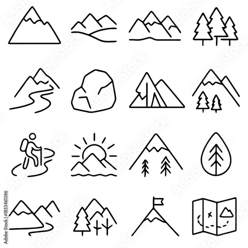 Mountains and Nature Icons: A collection of simple line drawings representing mountains, trees, landscapes, and outdoor adventure elements. The illustrations evoke a sense of exploration, travel.