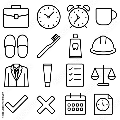 Iconic Office Essentials: A comprehensive collection of meticulously crafted, minimalistic icons representing essential elements found within a typical office environment and aspects of daily life.
