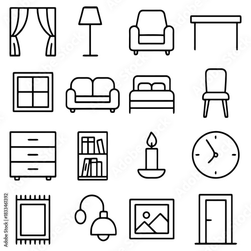 Interior Design Elements: A collection of simple line icons depicting various furniture and decor items, perfect for illustrating interior design concepts.
