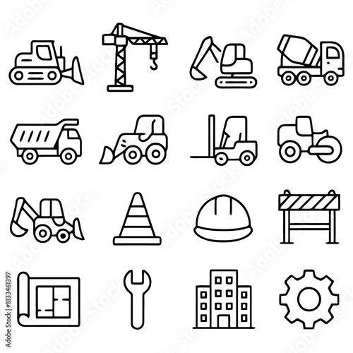 Construction Machinery Collection: A comprehensive set of line icons depicting various construction machines and equipment, essential tools for building and infrastructure development.