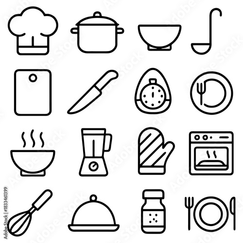 Culinary Essentials Icon Set: An assortment of line art icons of various kitchen tools and cooking utensils. Perfect for culinary, food, or restaurant themes.
