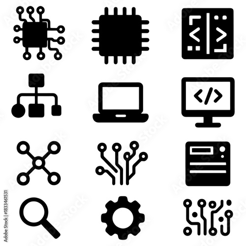 Digital World Icons: A collection of meticulously crafted digital icons representing various facets of the tech world, symbolizing innovation and technological advancement. 
