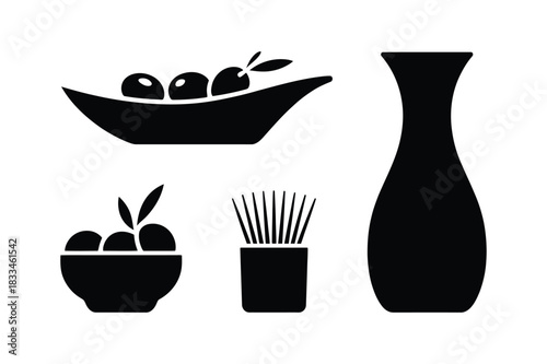 Still life silhouette of olives and vase