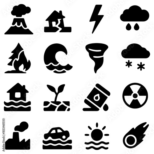 Disaster Icons: A collection of concise icons depicting natural disasters and environmental hazards, symbolizing potential threats and challenges. 