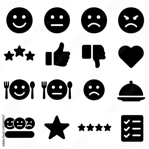 Iconic Emotional Array: A collection of simple, black and white icons that illustrate a range of feelings and concepts. Includes smiley faces, stars, thumbs up/down, a heart, food and check lists. 