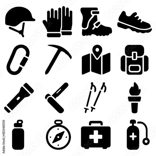 Essential Climbing and Hiking Gear: A comprehensive array of essential equipment for climbing and hiking, arranged to highlight the necessary elements for safe and successful outdoor adventures.
