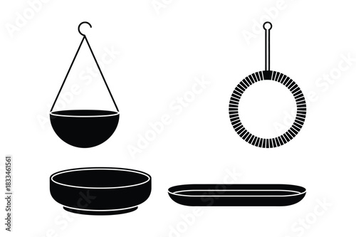 Collection of black silhouettes of hanging and stationary planters and trays