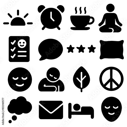 Morning Routine Icons: A comprehensive set of illustrative icons symbolizing the daily rhythm, perfect for capturing the essence of mornings, from waking up to meditation.