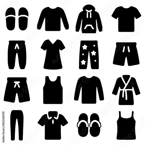 Sleepwear Silhouette Collection: A diverse collection of silhouettes of comfortable sleepwear essentials, from cozy pajamas and soft robes to relaxed shirts and shorts, all presented in a minimalist.