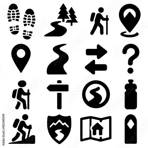 Hiking Icons: A collection of various icons representing the outdoor activity of hiking. Includes symbols for trails, hikers, directions, maps, and more.