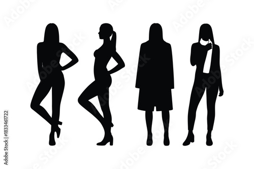 Silhouettes of four fashionably dressed women in various poses