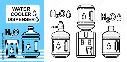 Water cooler dispenser, H2O drink big gallon plastic bottle line icon. Fresh liquid filtered clean aqua. Electrical cooling, heating equipment for glass filling. Mineral beverage healthy food. Vector