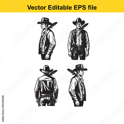 vector illustration set of a cowboy character shown from four different angles including front, back, and side profiles, suitable for western design projects