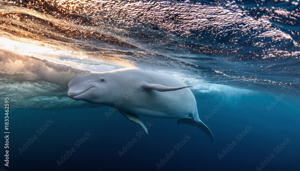 Naklejka premium A beautiful white beluga whale swimming gracefully underwater.