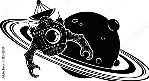 Retro Robot Exploring Outer Space Near Saturn.
