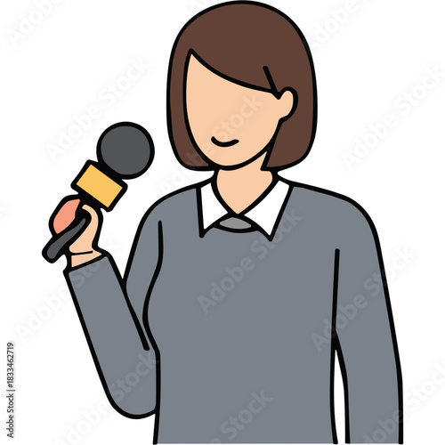 A Woman Holding A Microphone Wearing A Grey Sweater With A White Collar Standing Against A Transparent Background Media Professional Talking Event Host Interviewer Broadcasting