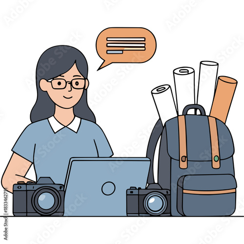 A Woman Wearing Glasses and a Backpack Works on a Laptop Surrounded by Cameras and Rolled Documents on a Black Background