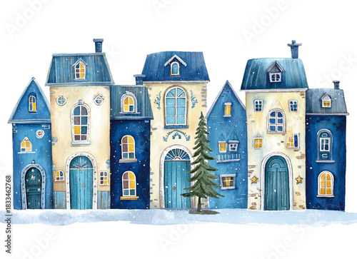 Terraced house settlement, artistic winter village watercolor illustration, vector template for christmas greeting cards or real estate advertising, blue colours isolated on white background