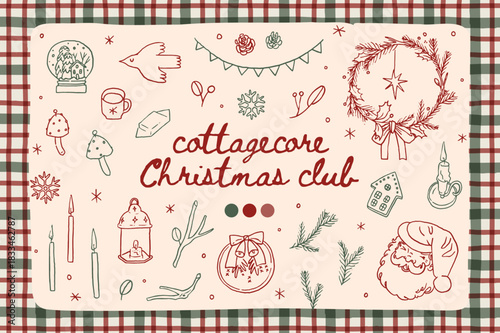 Christmas collection of cozy cottagecore decorative elements. Hand drawn charming doodle cottage core aesthetics. Vintage ornaments, decor, sticker elements on a plaid checked tartan background