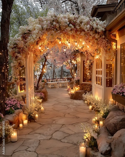 Wedding ceremony arch decorated with flowers high resolution picture