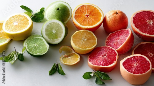 Fototapeta Naklejka Na Ścianę i Meble -  A colorful arrangement of sliced citrus fruits, including oranges, grapefruits, lemons, and limes, on a white background. The fruits are cut open, showcasing th