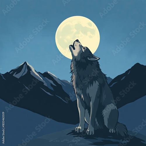 A wolf on moon background. Magical tranquility, majestic presence, and delicate snowfall.