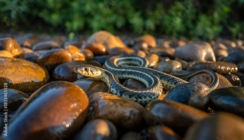 A striped garter snake coiled and basking on wet river pebbles.
