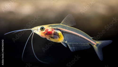 A transparent Glass Catfish swimming with its internal organs clearly visible.