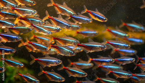 A vibrant school of neon tetra fish swimming together in an aquarium.