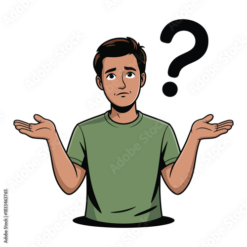 A confused person shrugs their shoulders with a question mark hovering above them.