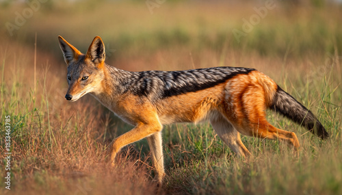 A wild blackbacked jackal walking through the tall savanna grass.