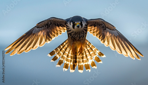 American Kestrel in flight with wings and tail spread wide.