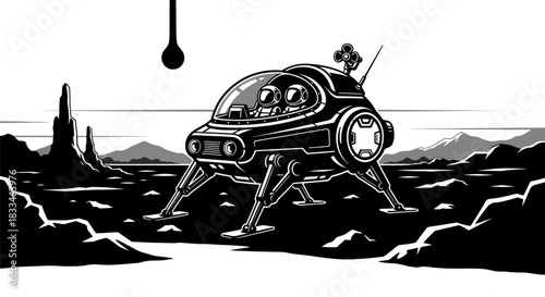 Futuristic Lunar Rover Exploring Alien Planet Surface.