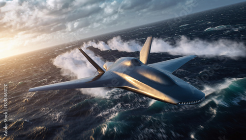 Futuristic stealth combat drone flying low over a stormy sea.