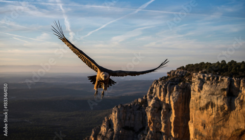 Majestic griffon vulture soaring with wings spread wide in the air.