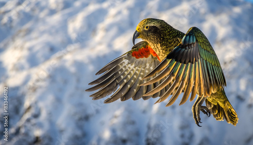 Majestic New Zealand Kea parrot in full flight with wings outstretched.