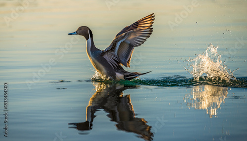 Male Northern Pintail duck taking off from the water with wings spread.