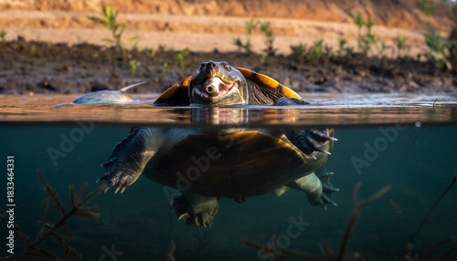 Over under split level view of a freshwater turtle swimming in a lake.