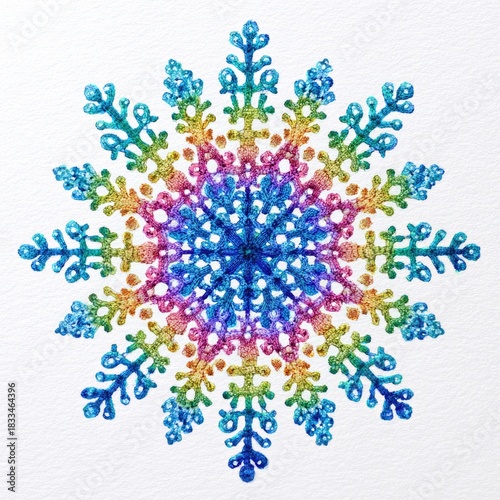 Centered composition showcases a handcrafted textile-inspired snowflake. Joy, warmth, and artistic elegance.