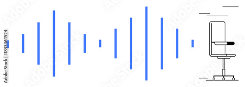 Audio technology, sound design, communication tools, workplace acoustics, office furnishing, modern workspace. Soundwave patterns and an office chair sketch. Audio technology and sound design