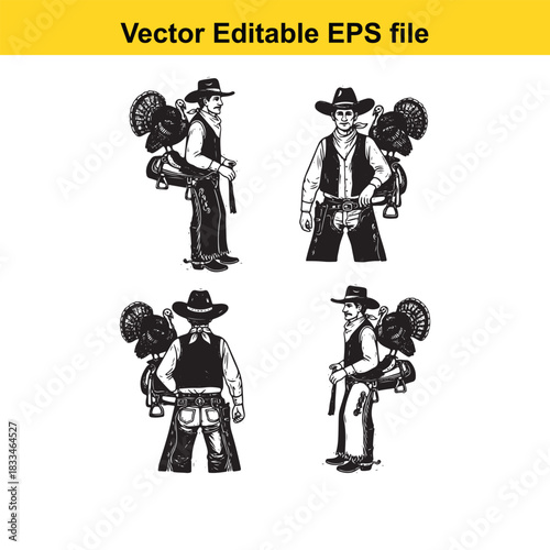 set of four vector illustrations depicting cowboys carrying turkeys on their backs, shown from various side and back angles, perfect for thanksgiving or western themes, isolated on white background