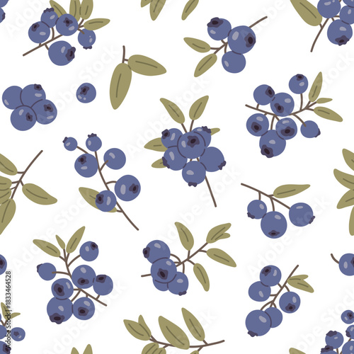 Seamless blueberry pattern with hand-drawn berries and leaves in a flat cartoon style. Cute botanical design for textiles, wrapping paper, kids products and natural-themed backgrounds.
