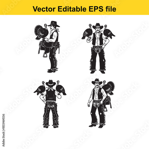 collection of four black and white vector illustrations depicting cowboys holding turkeys, suitable for thanksgiving or western themes, isolated on white background