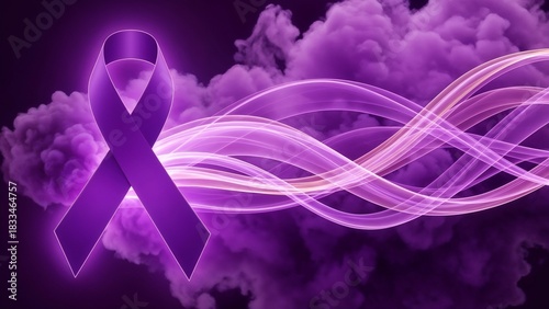 Purple cancer ribbon with glowing lightwave effect in vibrant violet colors, symbol of cancer awareness