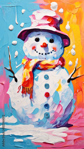 A melting snowman painted in expressive style with vivid tones. Cheerful, whimsical winter charm and playful creativity.
